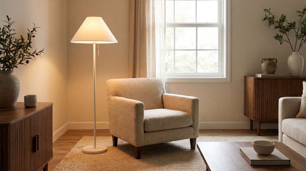 Weiße Wohnzimmer-Stehlampe