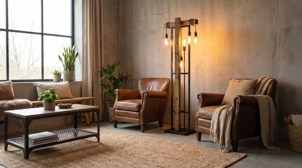 Stehlampen aus Holz und Metall im Industriestil