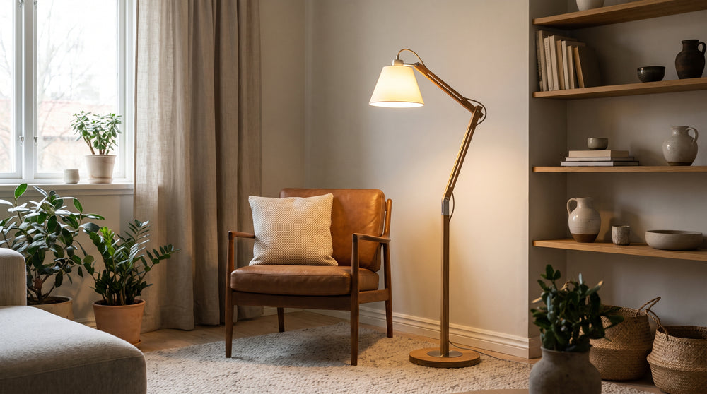 Stehlampen aus Holz und Metall