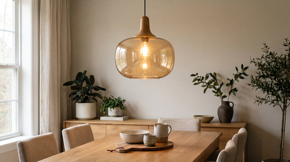 Hängeleuchten aus Glas und Holz