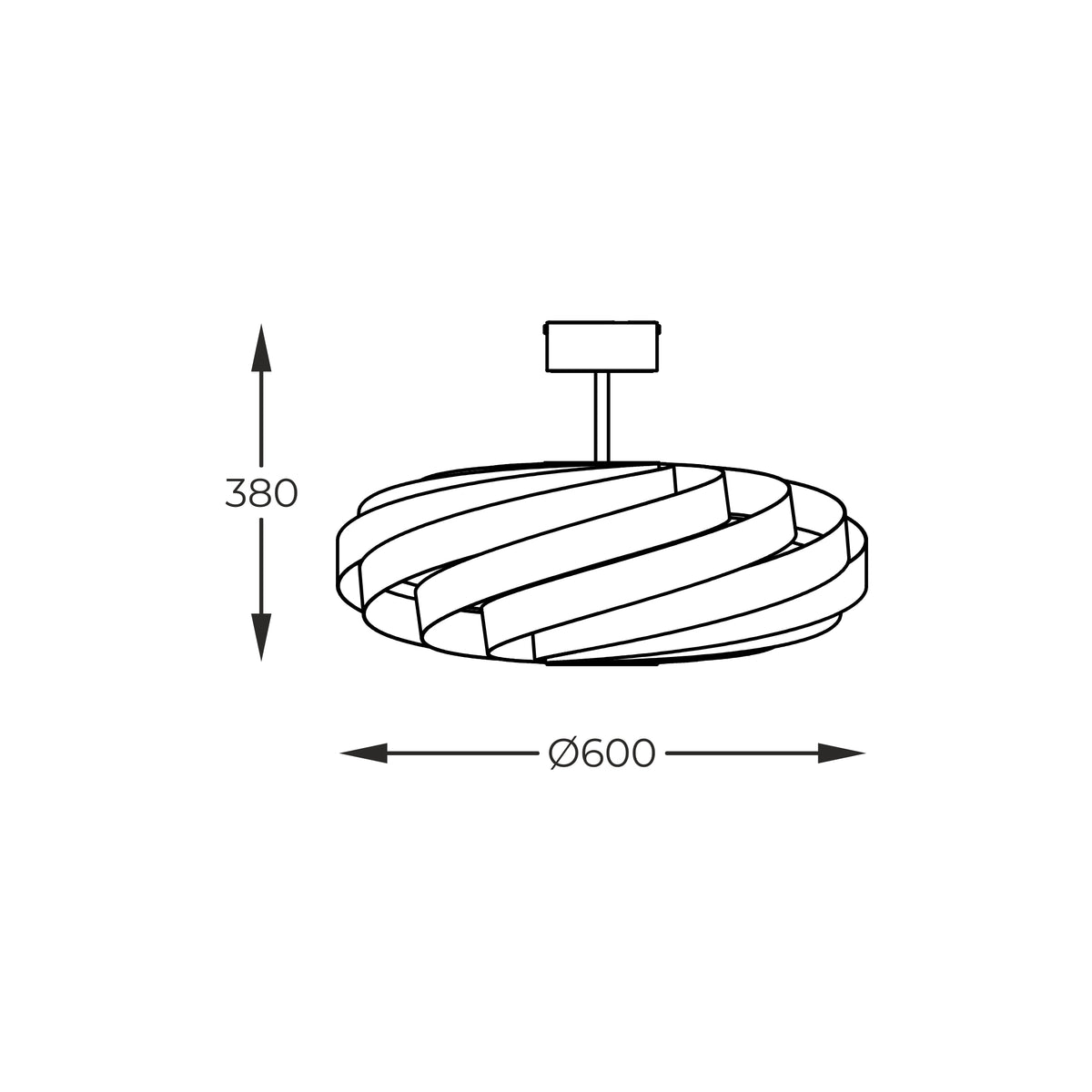 Schéma coté du luminaire avec diamètre 600 et hauteur 380