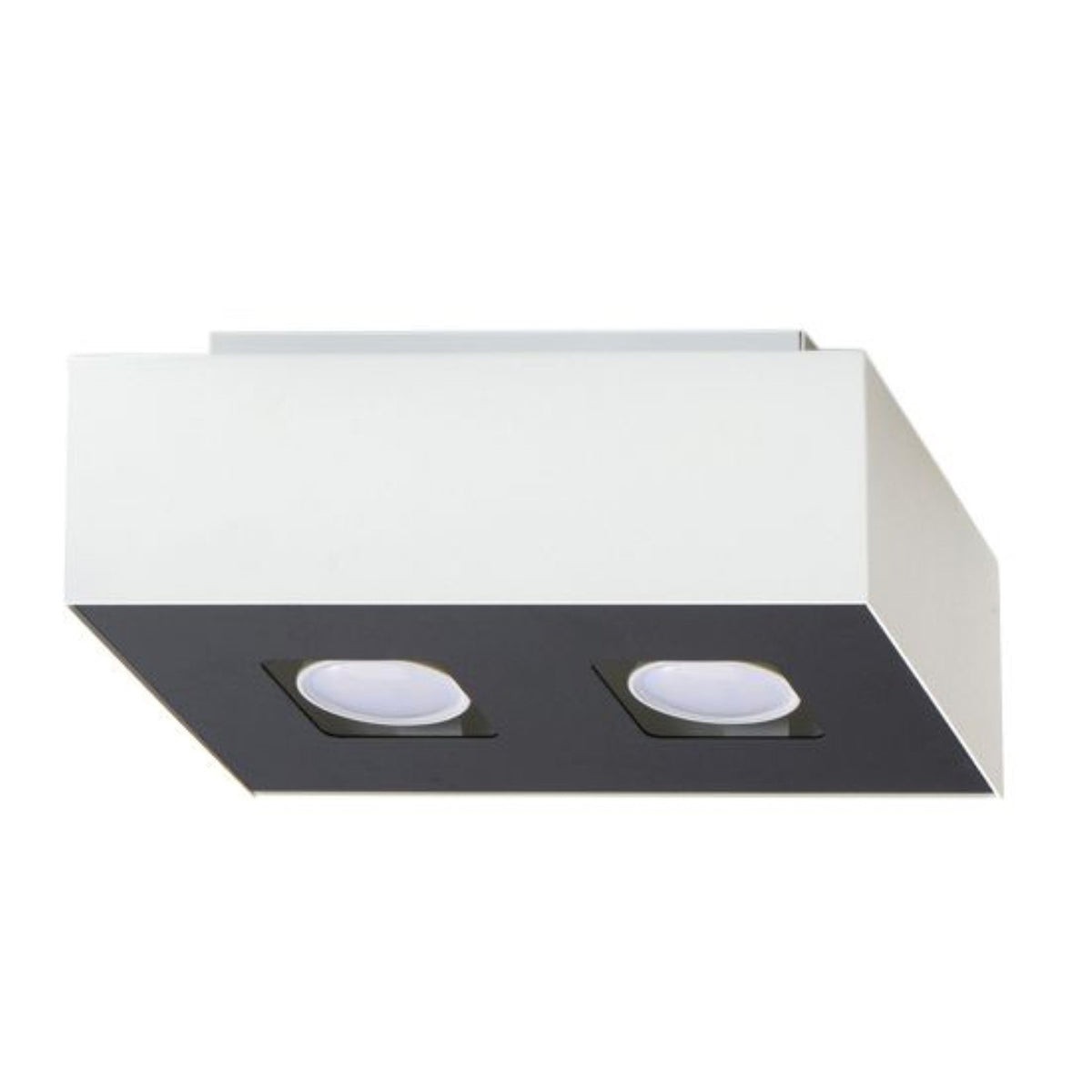 Plafonnier rectangulaire blanc vu de trois quarts, face inférieure noire et deux diffuseurs ovales