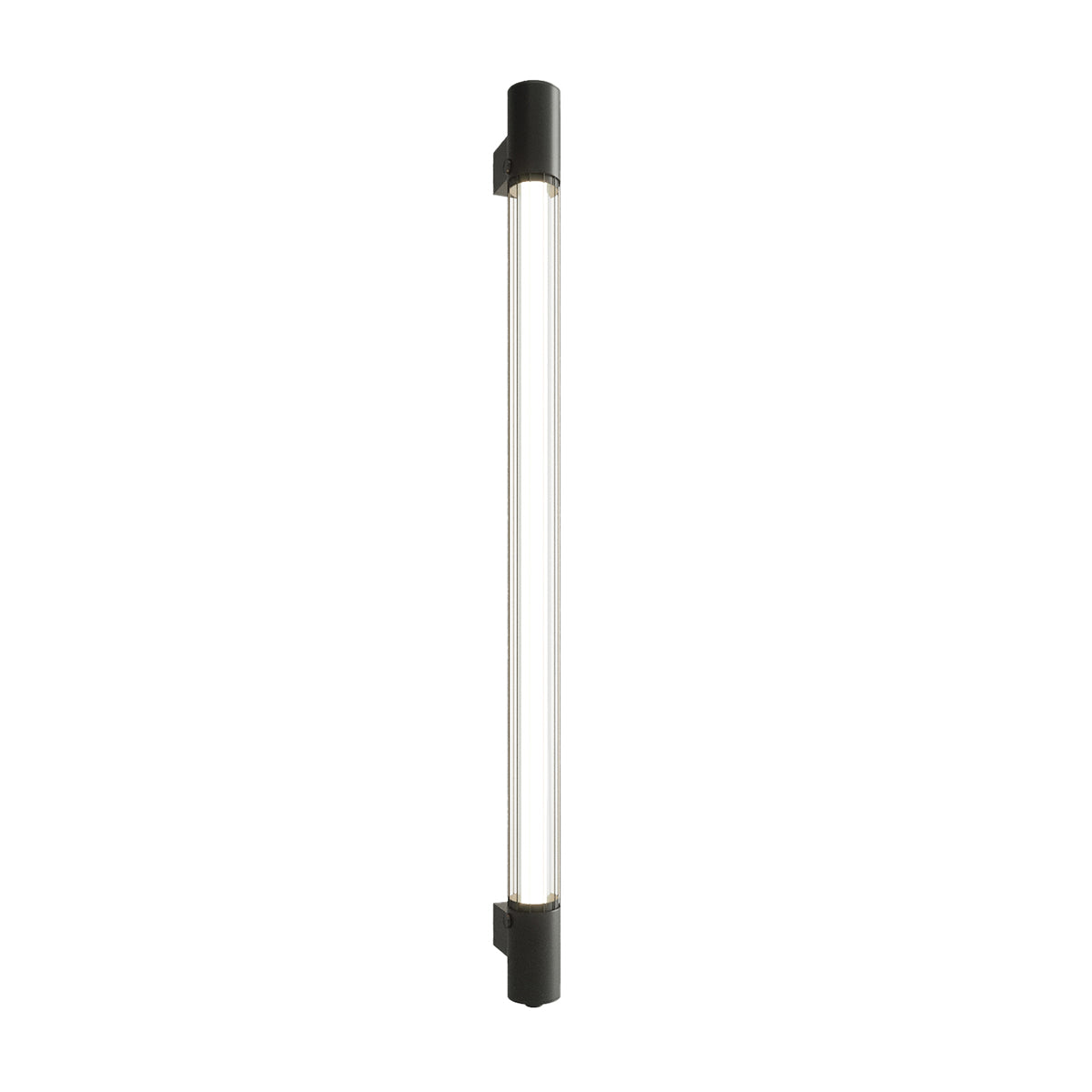 Luminaire mural vertical blanc sur fond neutre, tube lumineux et embouts noirs