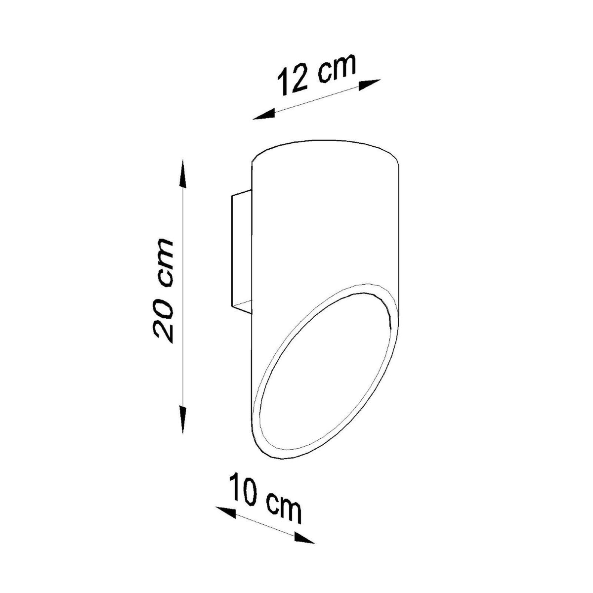 Schéma coté du luminaire : hauteur 20 cm, largeur 12 cm et profondeur 10 cm.