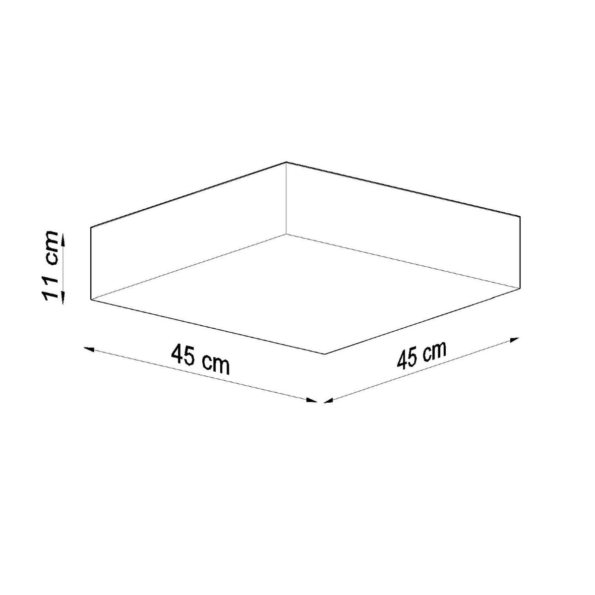 Dessin de dimensions du plafonnier carré indiquant 45 cm de côté et 11 cm de hauteur.