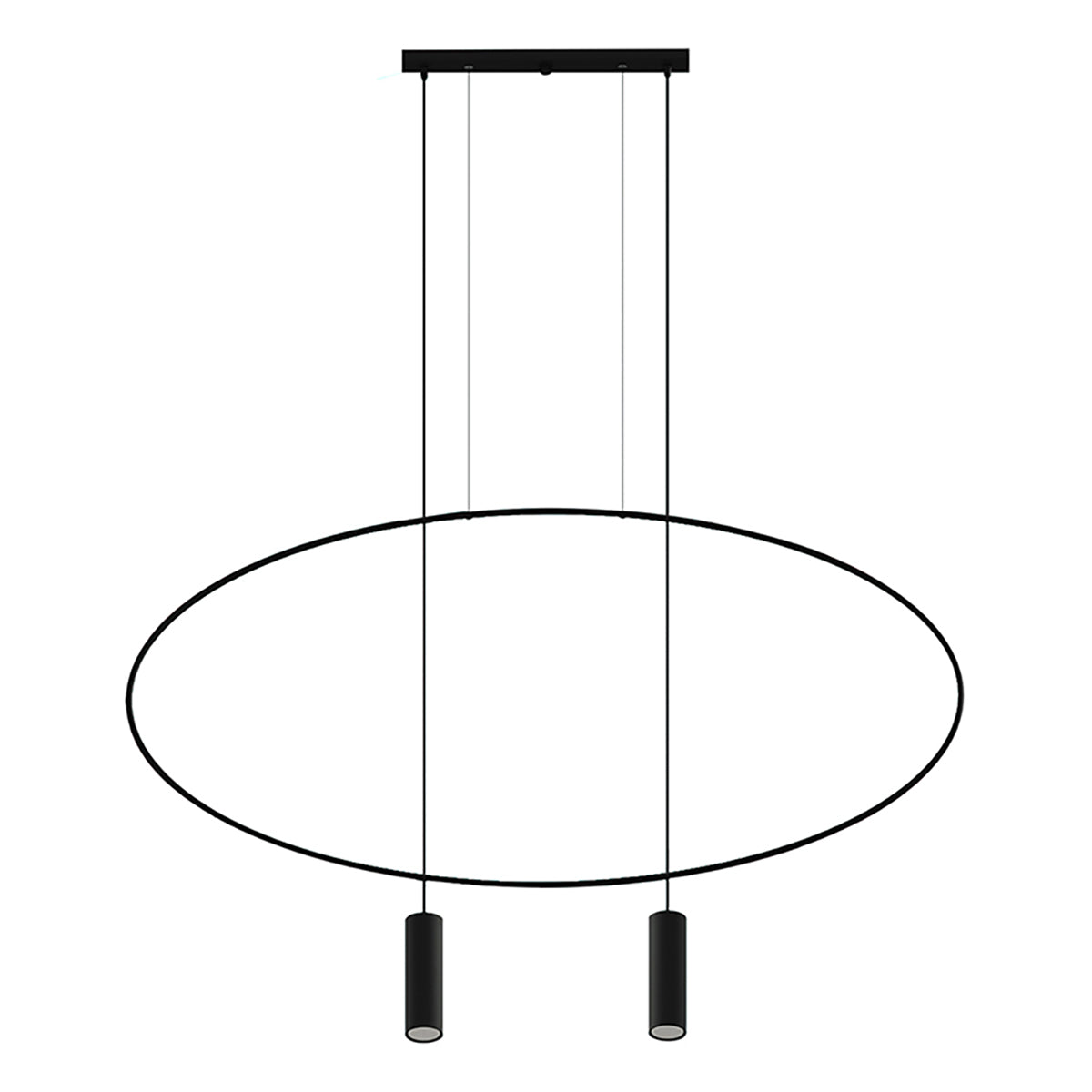 Vue de face du luminaire noir, anneau ovale et deux spots cylindriques suspendus