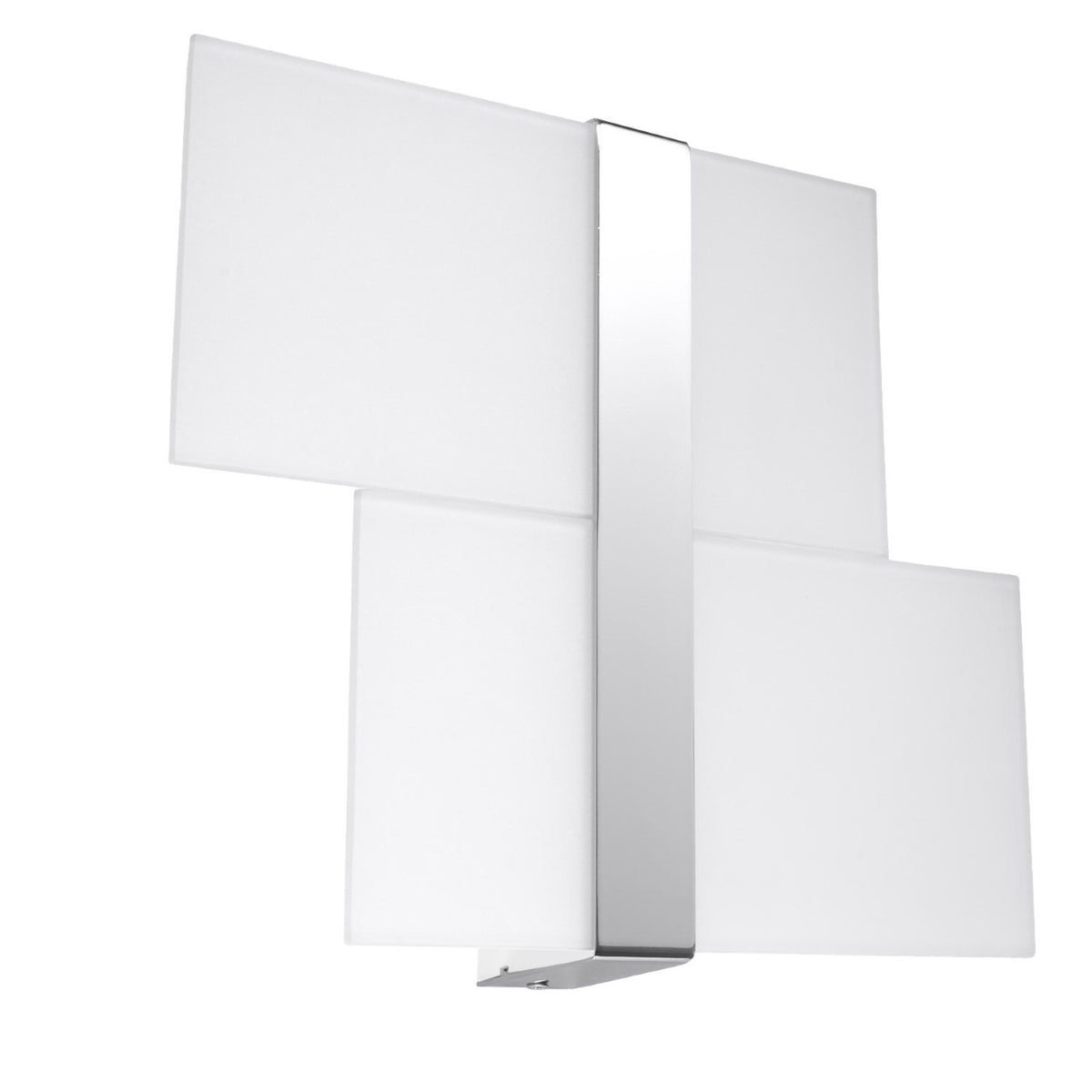 Vue de face sur fond blanc : applique murale à quatre diffuseurs blancs et barre chromée.