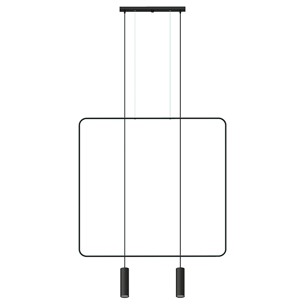 Vue de face du luminaire noir avec cadre rectangulaire et deux pendants cylindriques