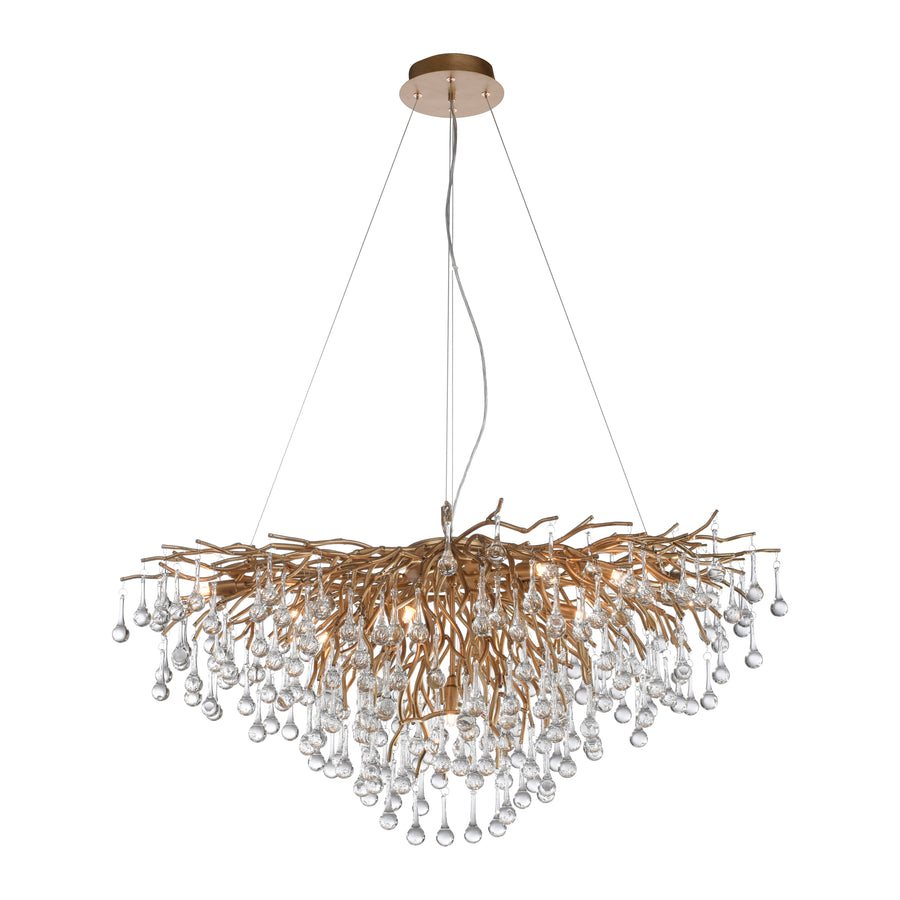 Luminaire présenté sur fond blanc, mettant en valeur la structure ramifiée et les pendants en verre.