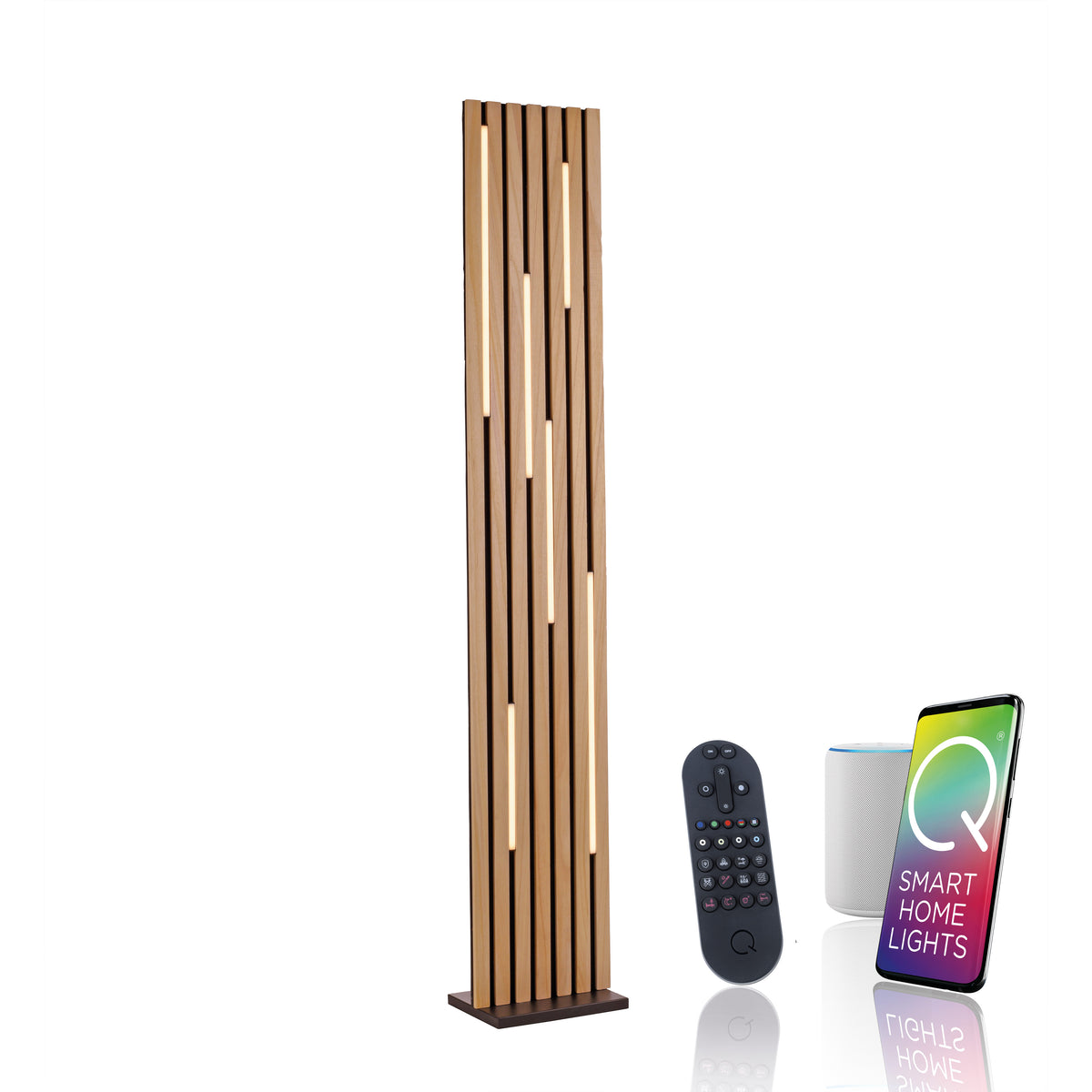 Lampe présentée avec télécommande, enceinte et smartphone pour pilotage connecté