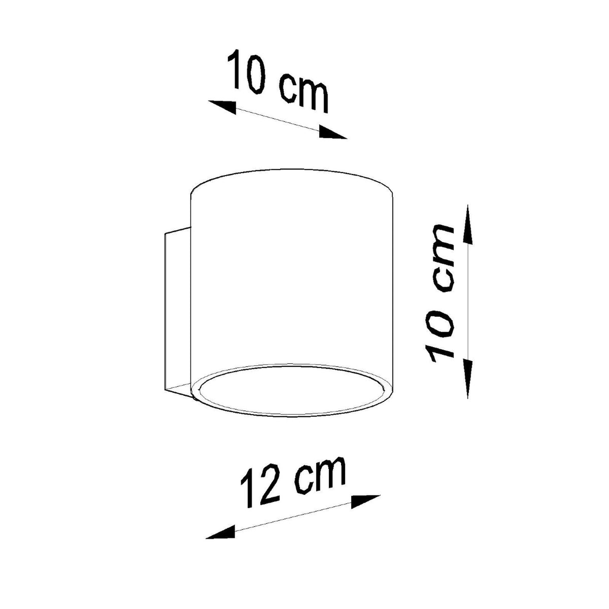 Schéma coté du luminaire indiquant 10 cm de diamètre, 10 cm de hauteur et 12 cm de saillie