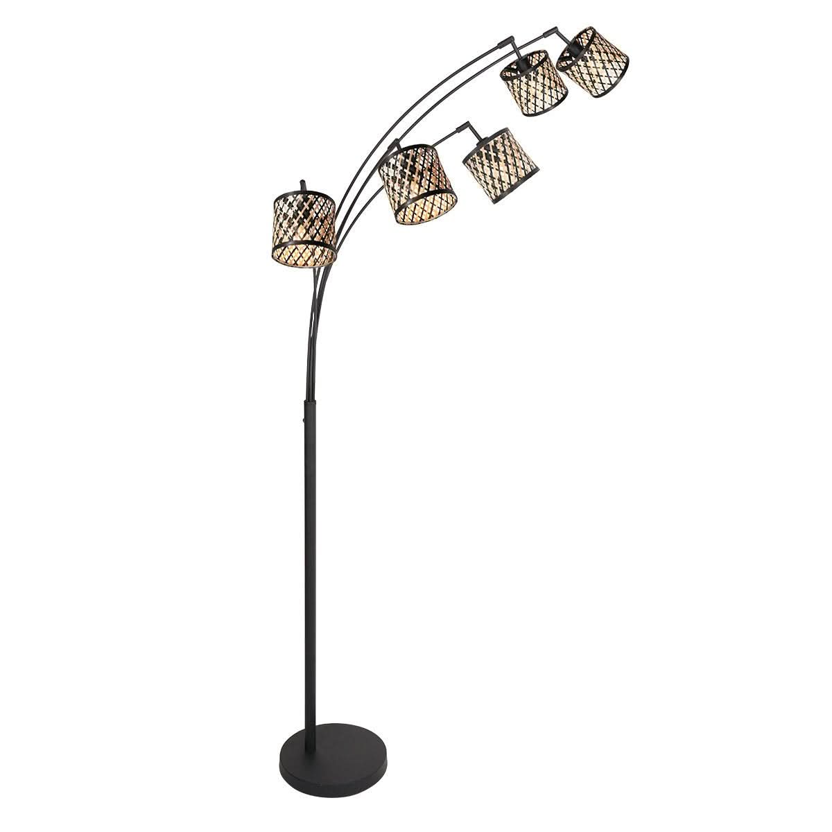 Lampadaire Sumba noir, 5 lumières, abat-jour en bambou Ø12 cm