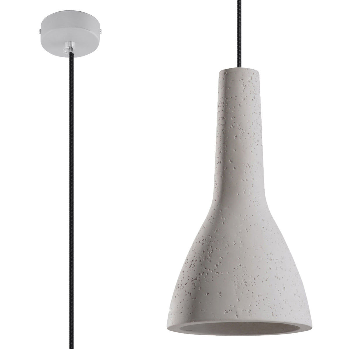 Vue de face du luminaire suspendu gris texturé avec rosace et câble noir