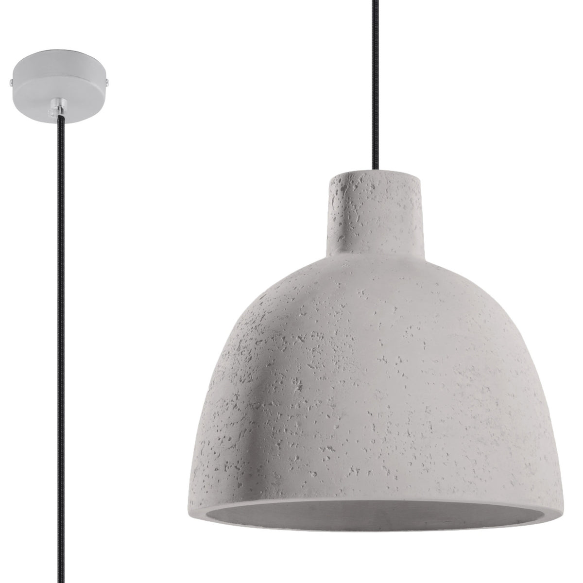 Vue de face du luminaire suspendu gris, abat-jour bombé texturé et câble noir