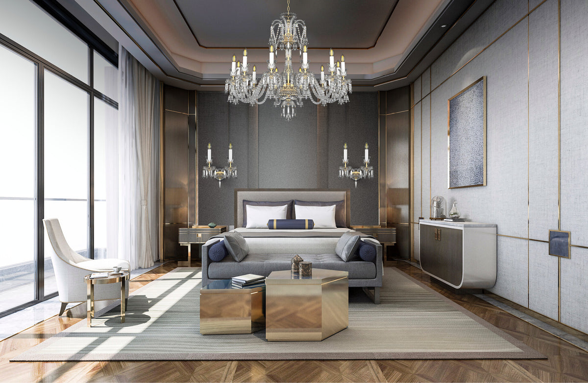 Mise en scène du lustre suspendu au-dessus d'un lit dans une chambre