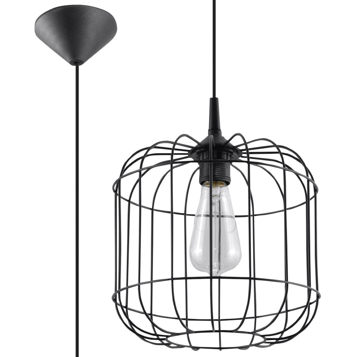 Vue de face du luminaire suspendu noir, cage métallique et ampoule transparente apparente