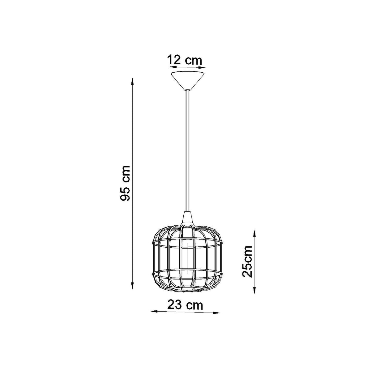 Schéma coté : 95 cm de hauteur totale, 23 cm de diamètre, 25 cm de cage