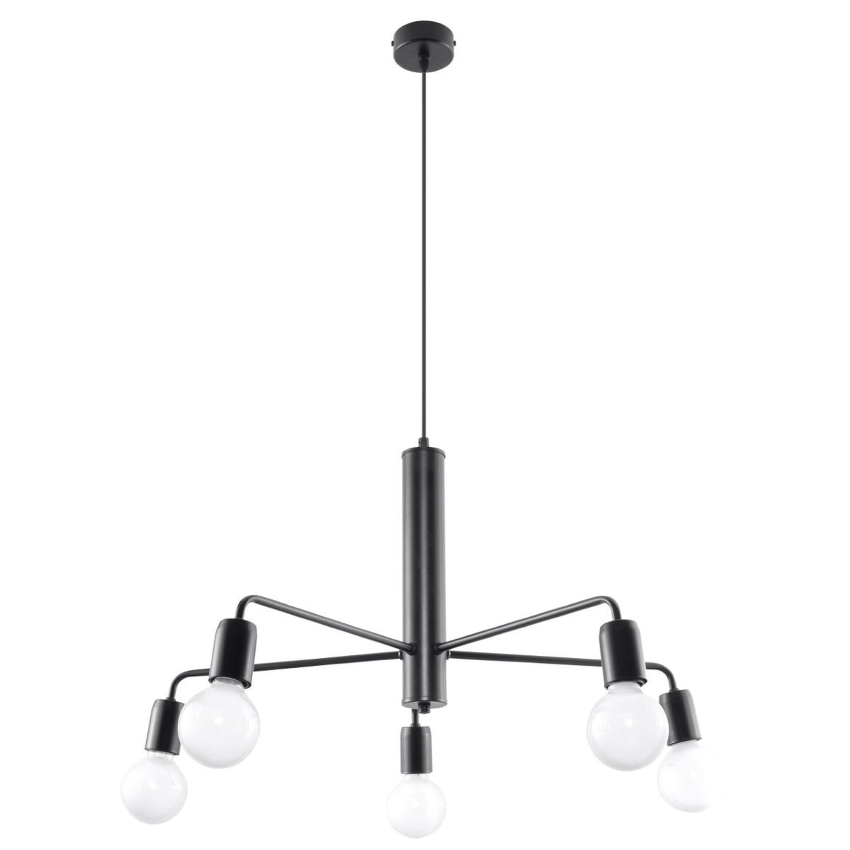 Vue d'ensemble du lustre noir suspendu, cinq bras et ampoules blanches opalines sur fond blanc