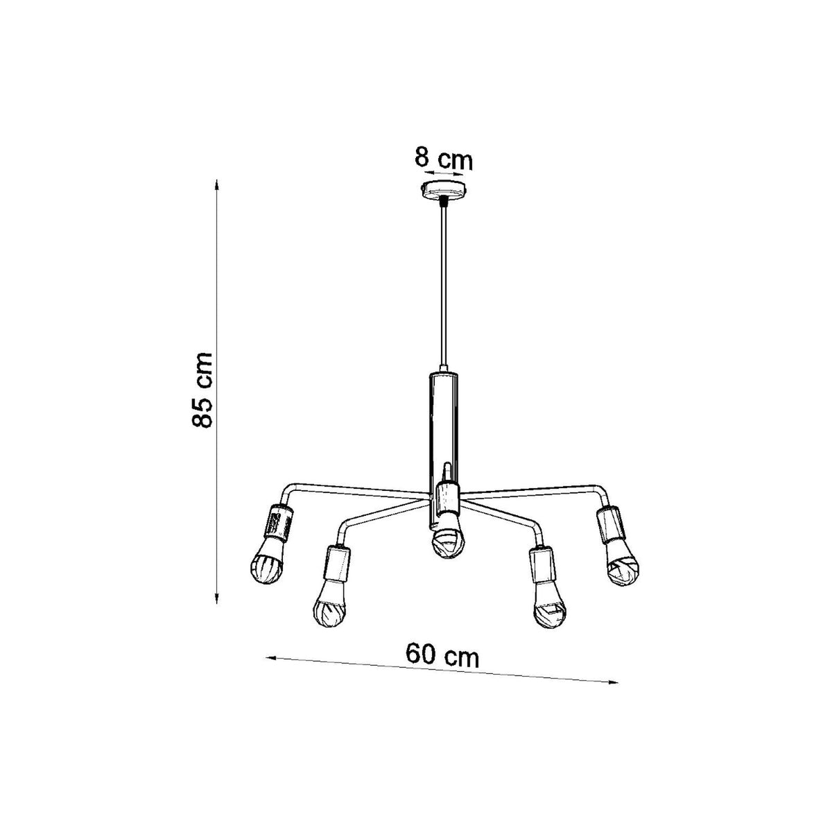 Schéma coté du lustre : hauteur 85 cm, diamètre 60 cm et base de 8 cm