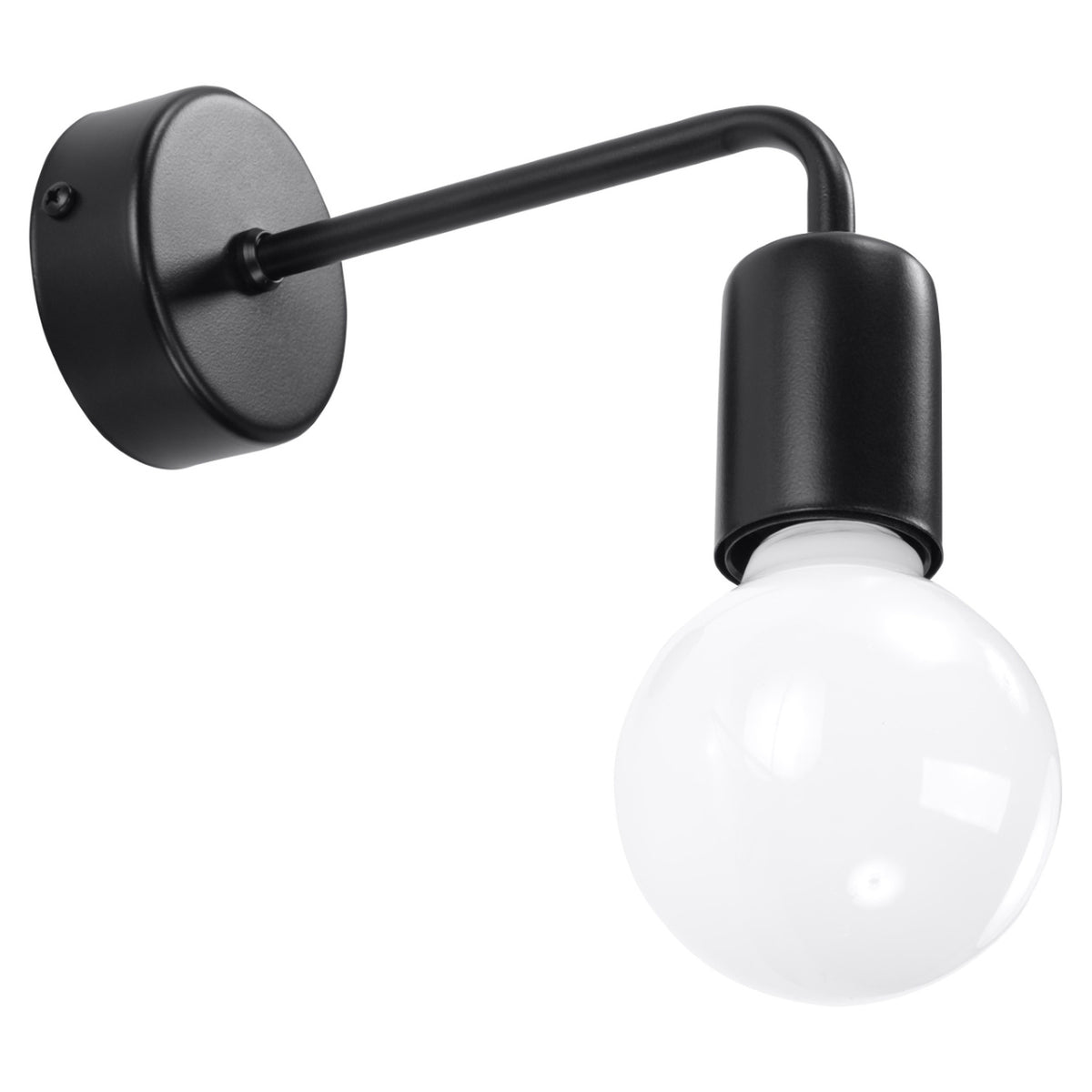 Applique murale noire avec bras coudé et ampoule globe blanche.