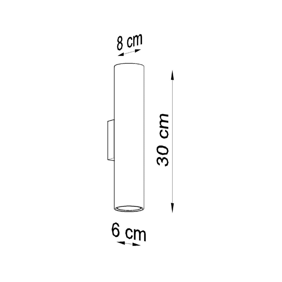 Schéma de dimensions : 30 cm de hauteur, 8 cm de diamètre, 6 cm de profondeur.