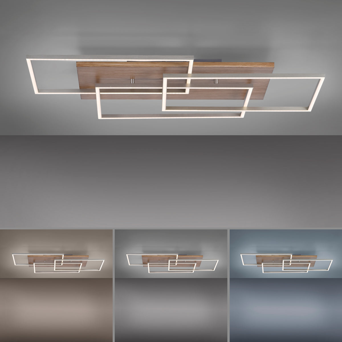 Plafonnier installé au plafond avec trois ambiances de lumière chaude, neutre et froide