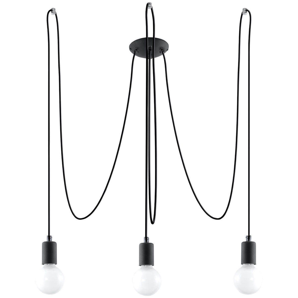 Luminaire suspendu noir à trois ampoules globes blanches, câbles formant des boucles.