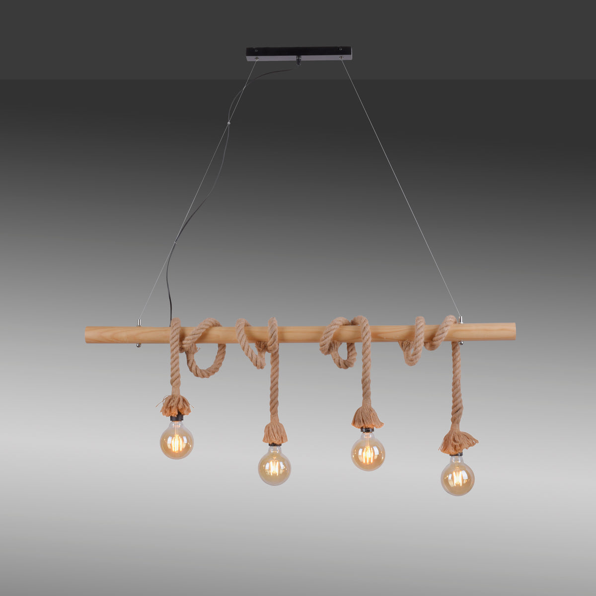 Nouvelle vue de face du luminaire sur fond dégradé gris, mettant en valeur les ampoules.