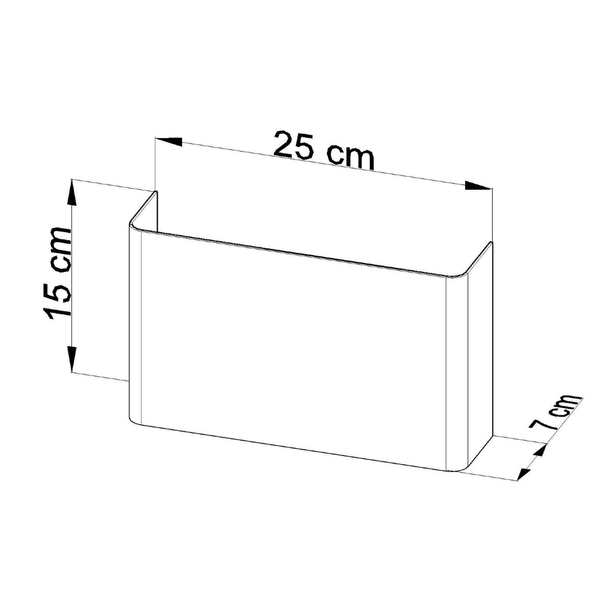Schéma coté du luminaire : 25 cm de large, 15 cm de haut, 7 cm de profondeur.