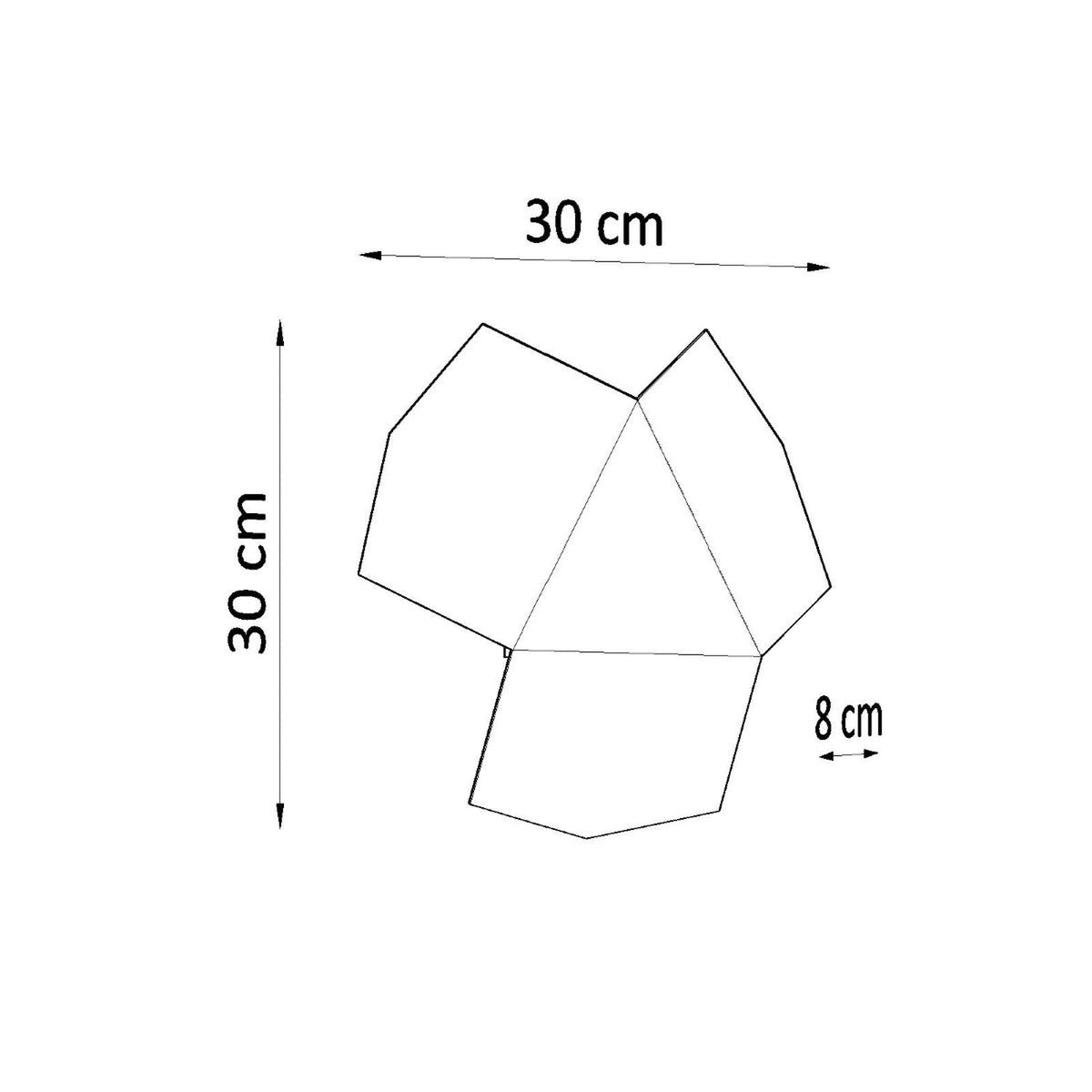 Schéma de dimensions indiquant 30 cm de large, 30 cm de haut et 8 cm de profondeur