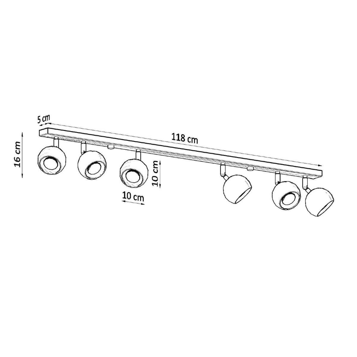 Schéma technique coté du plafonnier avec longueur 118 cm, hauteur 16 cm et largeur 5 cm.