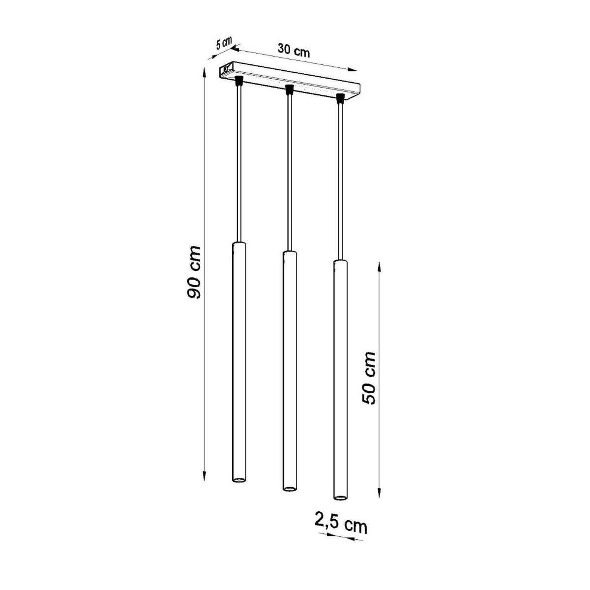 Schéma coté du luminaire indiquant les dimensions de la base et des tubes.