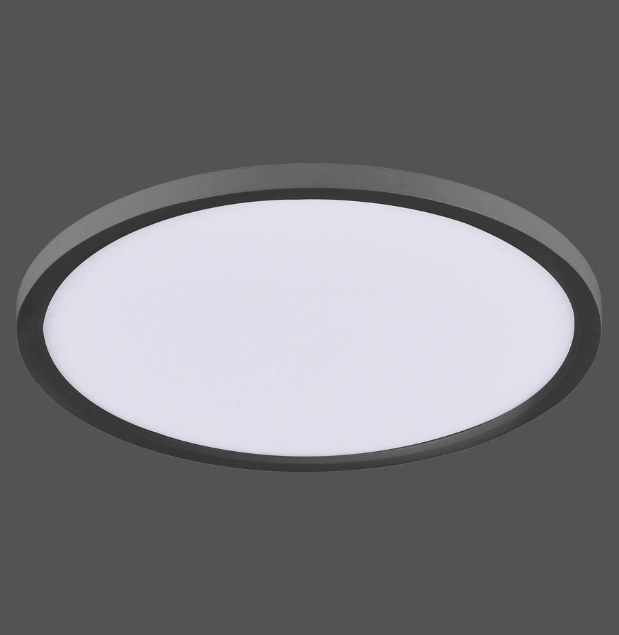 Vue de face du plafonnier ovale noir avec son diffuseur blanc uniforme