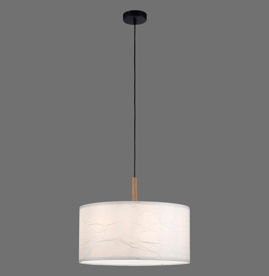 Suspension blanche cylindrique en papier froissé, câble noir et détail en bois