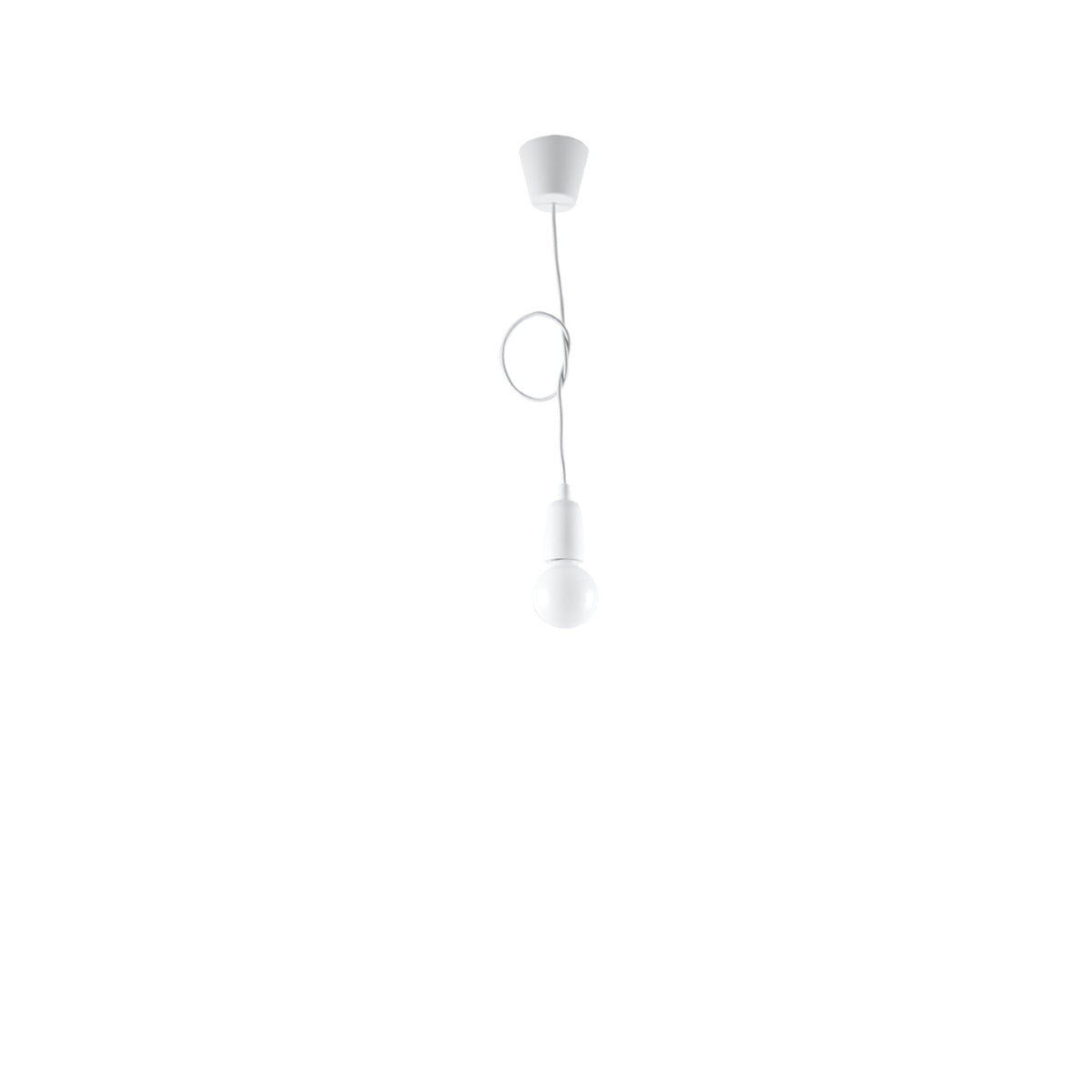 Lampe suspendue blanche avec câble formant une boucle, présentée sur fond blanc.