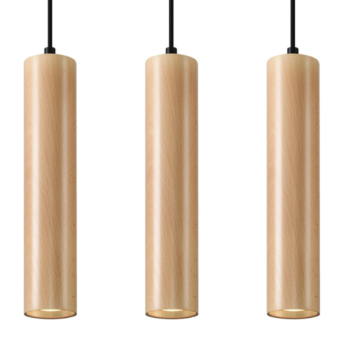 Trois suspensions cylindriques en bois clair alignées verticalement sur fond blanc.