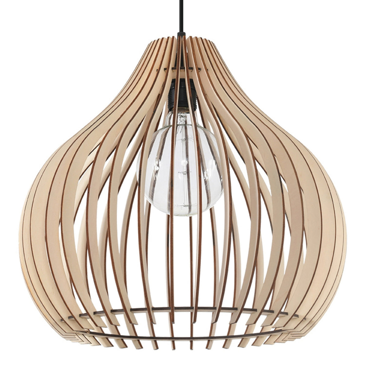 Vue de face de la suspension en bois ajoure avec ampoule globe transparente visible.