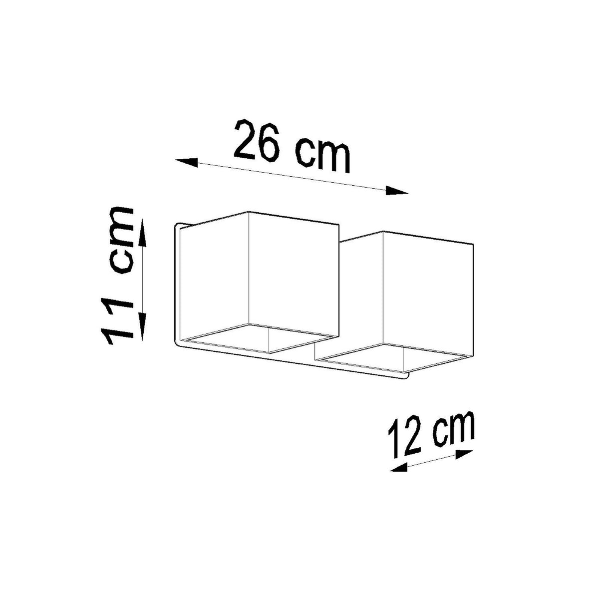 Schéma coté du luminaire avec largeur 26 cm, hauteur 11 cm, profondeur 12 cm
