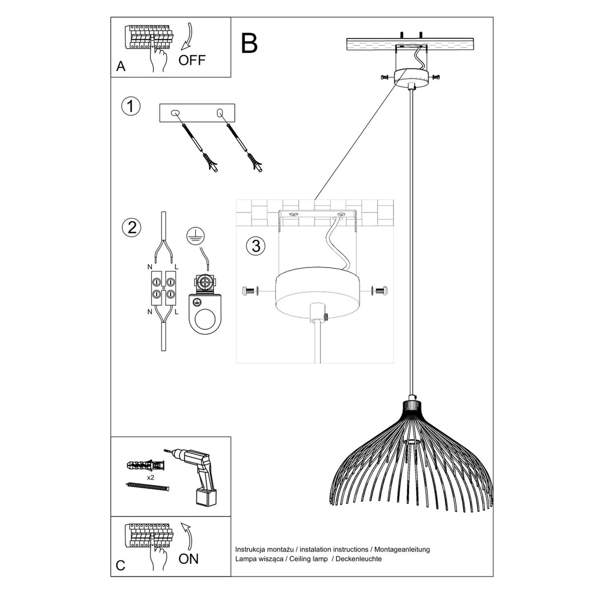 Notice de montage illustrée pour fixer le luminaire au plafond et raccorder les fils.
