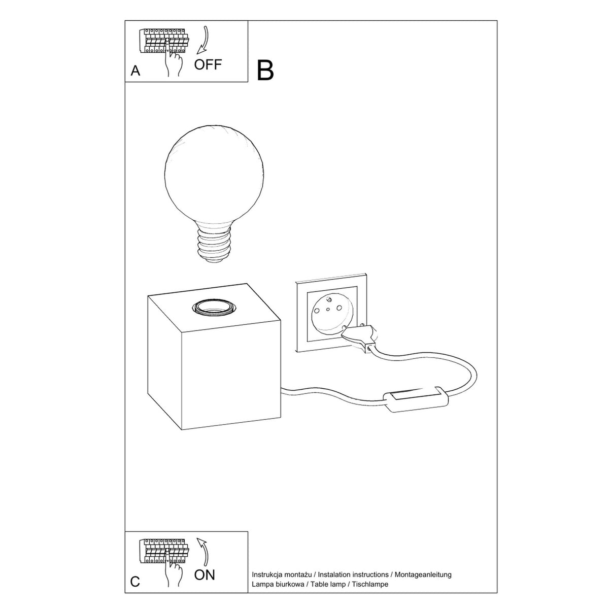 Notice de montage montrant le vissage de l'ampoule et le branchement secteur