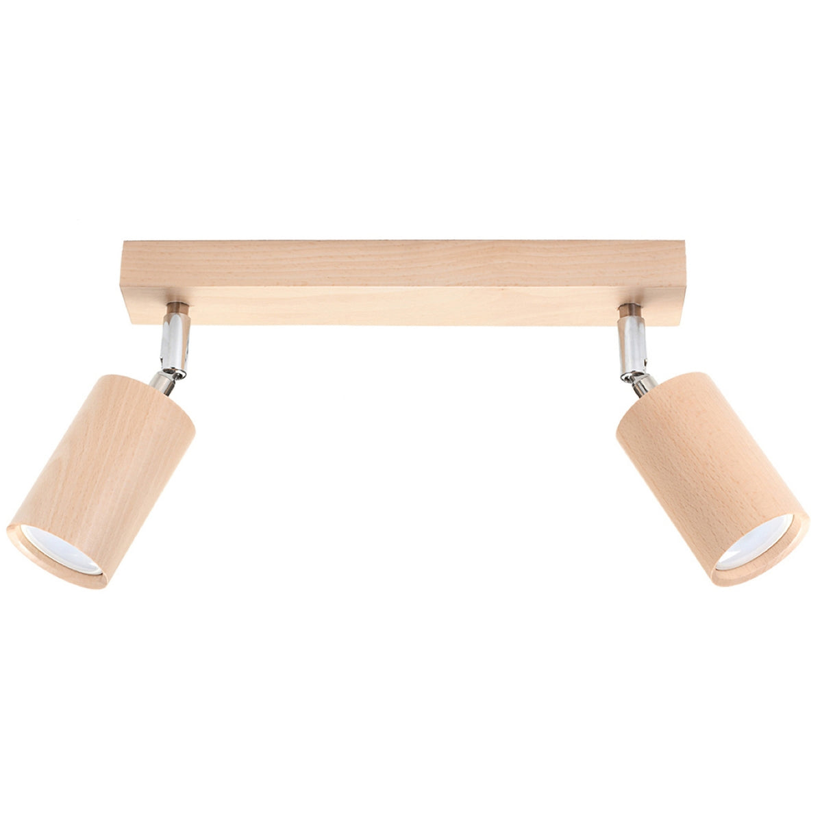 Vue de face du plafonnier deux spots cylindriques en bois naturel clair