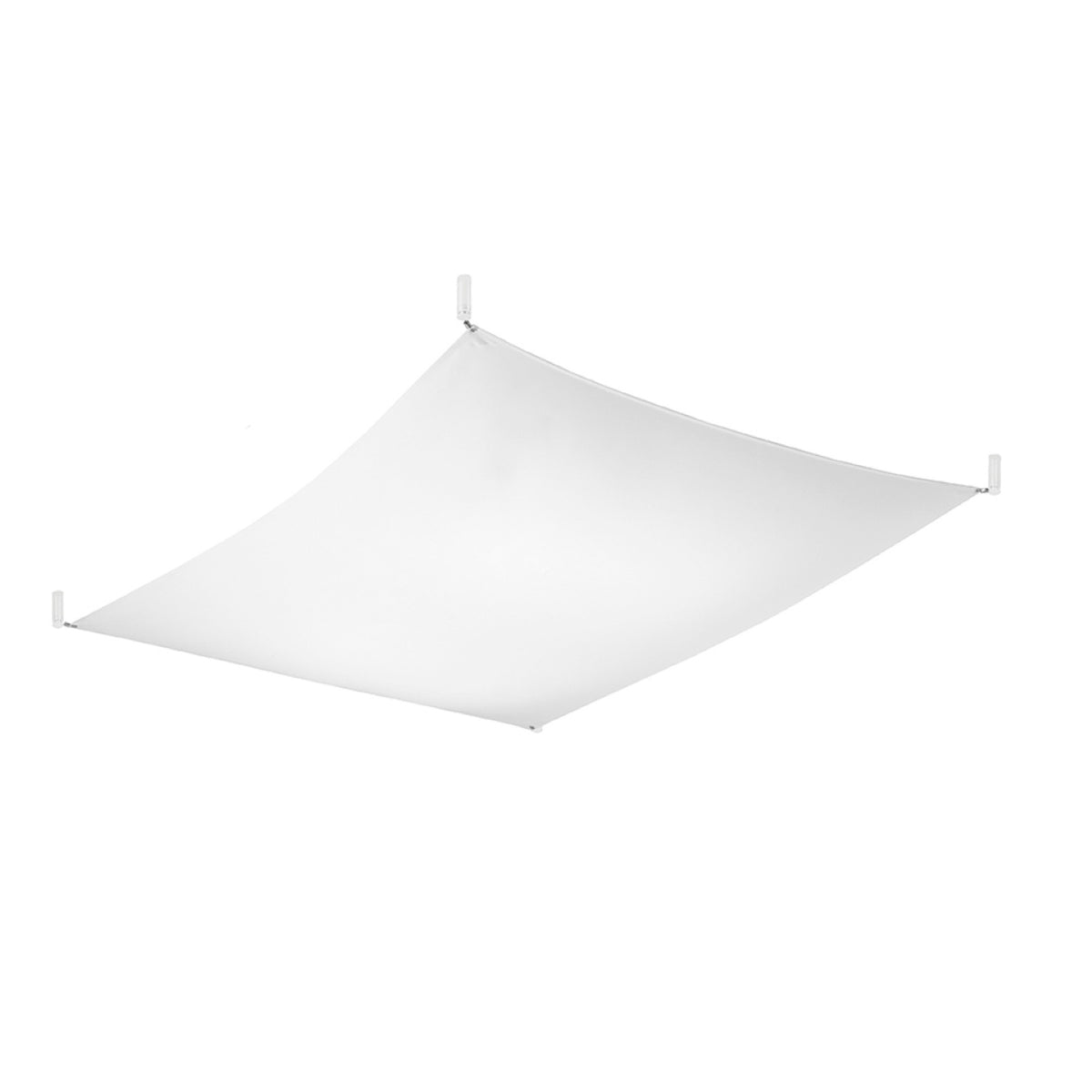 Luminaire plafonnier blanc tendu sur quatre fixations d'angle, vu de face sur fond clair.