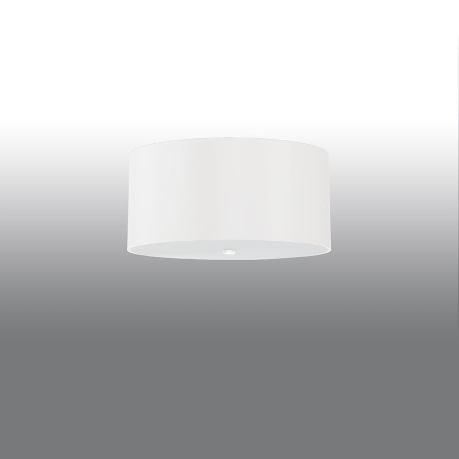 Plafonnier blanc fixé au plafond, vue en légère contre-plongée montrant le bas.