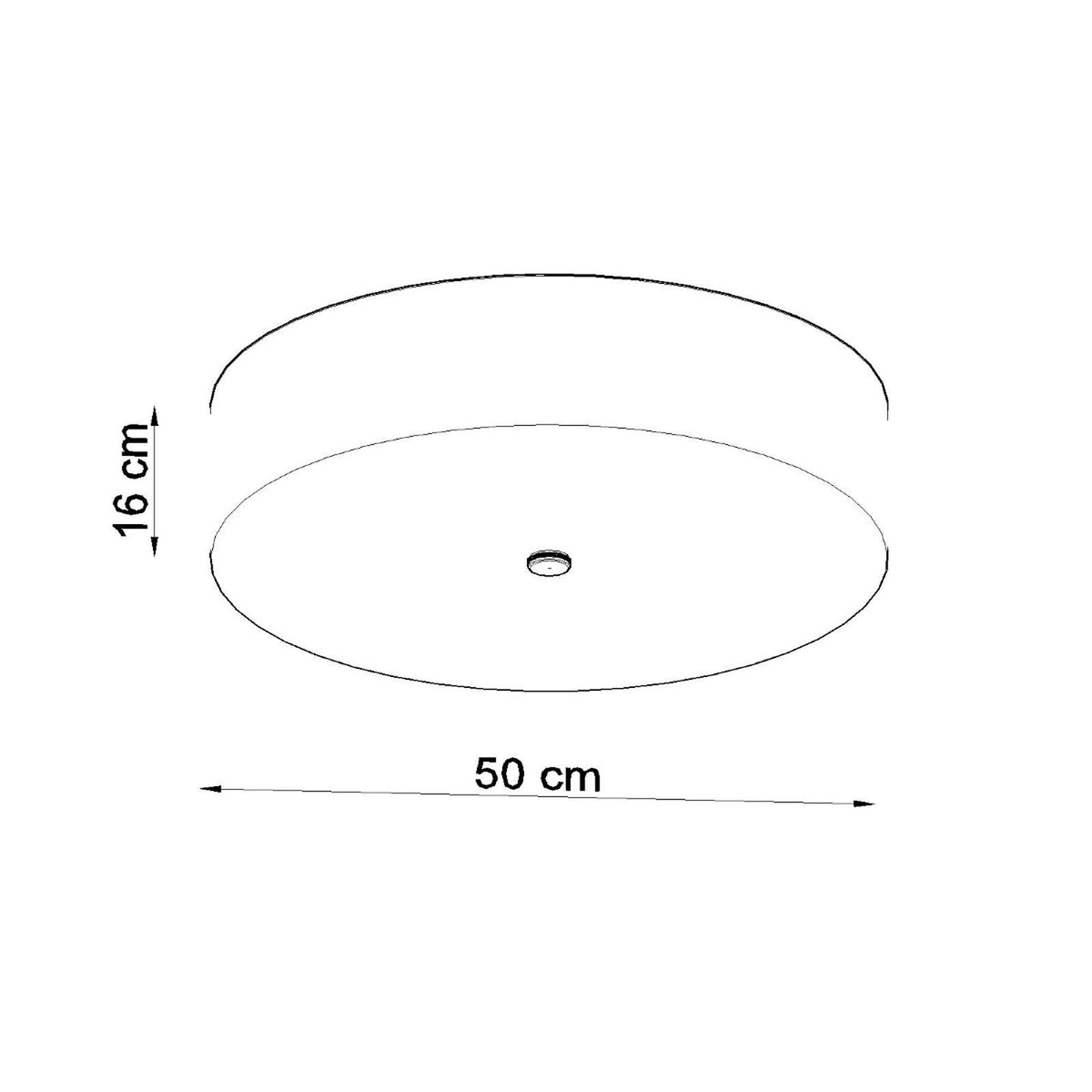 Schéma coté du luminaire indiquant 50 cm de diamètre et 16 cm de hauteur.