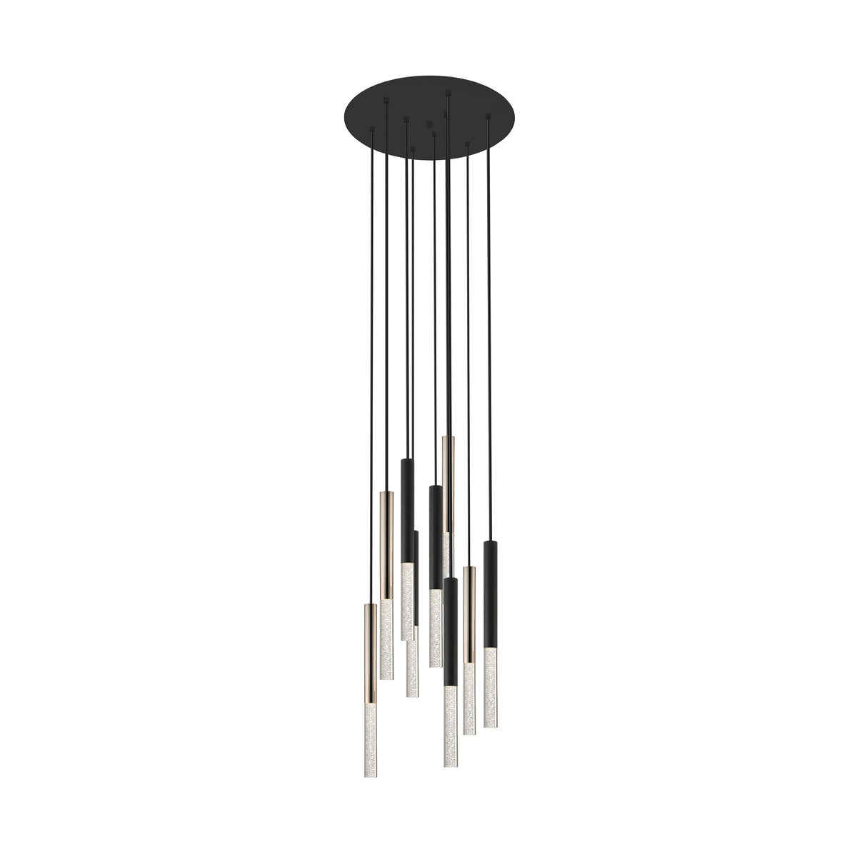 Suspension noire et dorée à huit tubes cylindriques suspendus à hauteurs variées