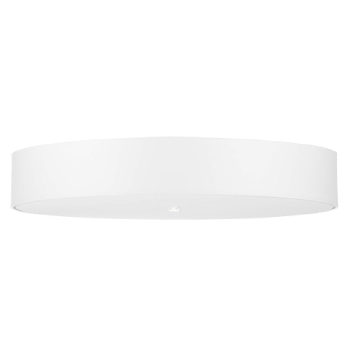 Luminaire cylindrique blanc vu de face sur fond neutre, abat-jour bas et large