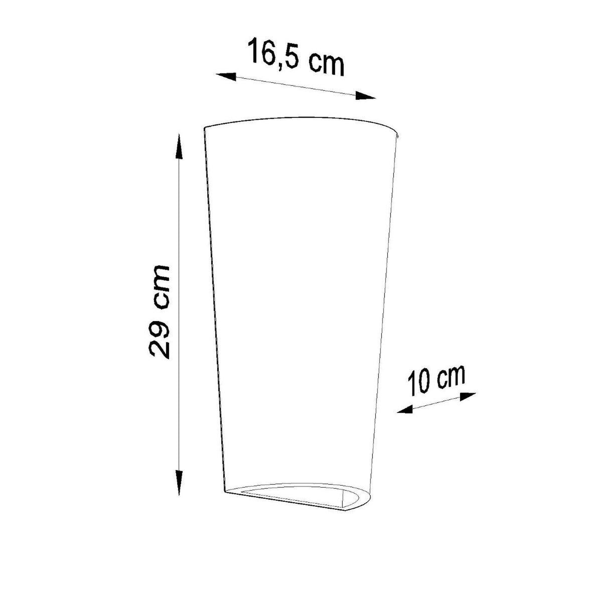 Schéma technique coté indiquant hauteur 29 cm, largeur 16,5 cm et profondeur 10 cm