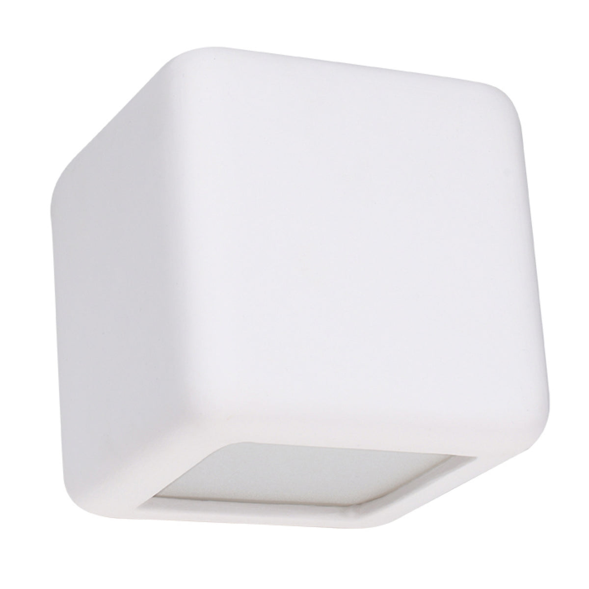 Vue de dessous du cube blanc en céramique, ouverture carrée laissant passer la lumière