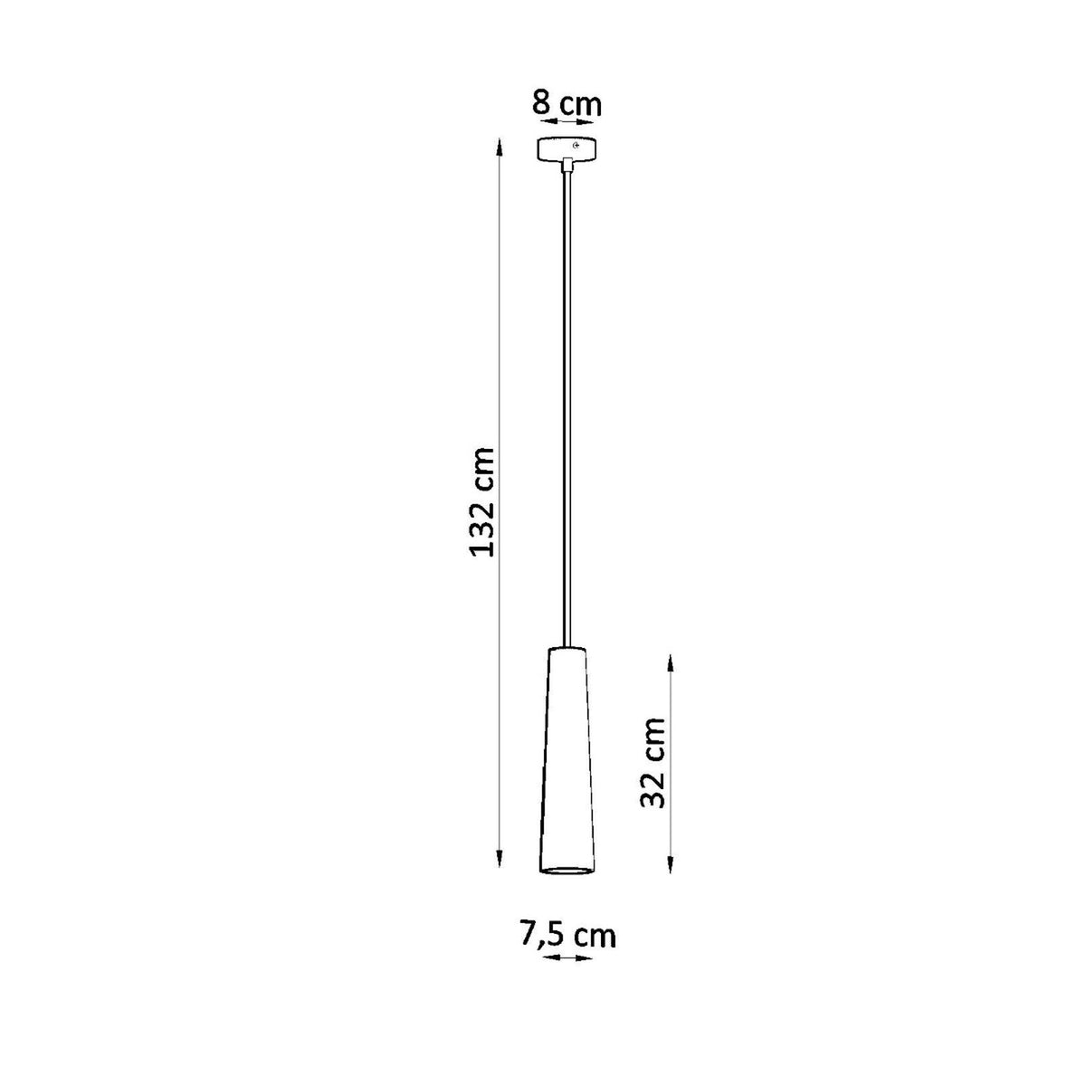 Schéma coté indiquant 132 cm de hauteur totale, 32 cm d'abat-jour et 8 cm de rosace