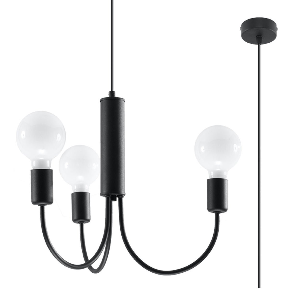 Lustre noir trois bras fixes, vue de face sur fond blanc, ampoules opalines